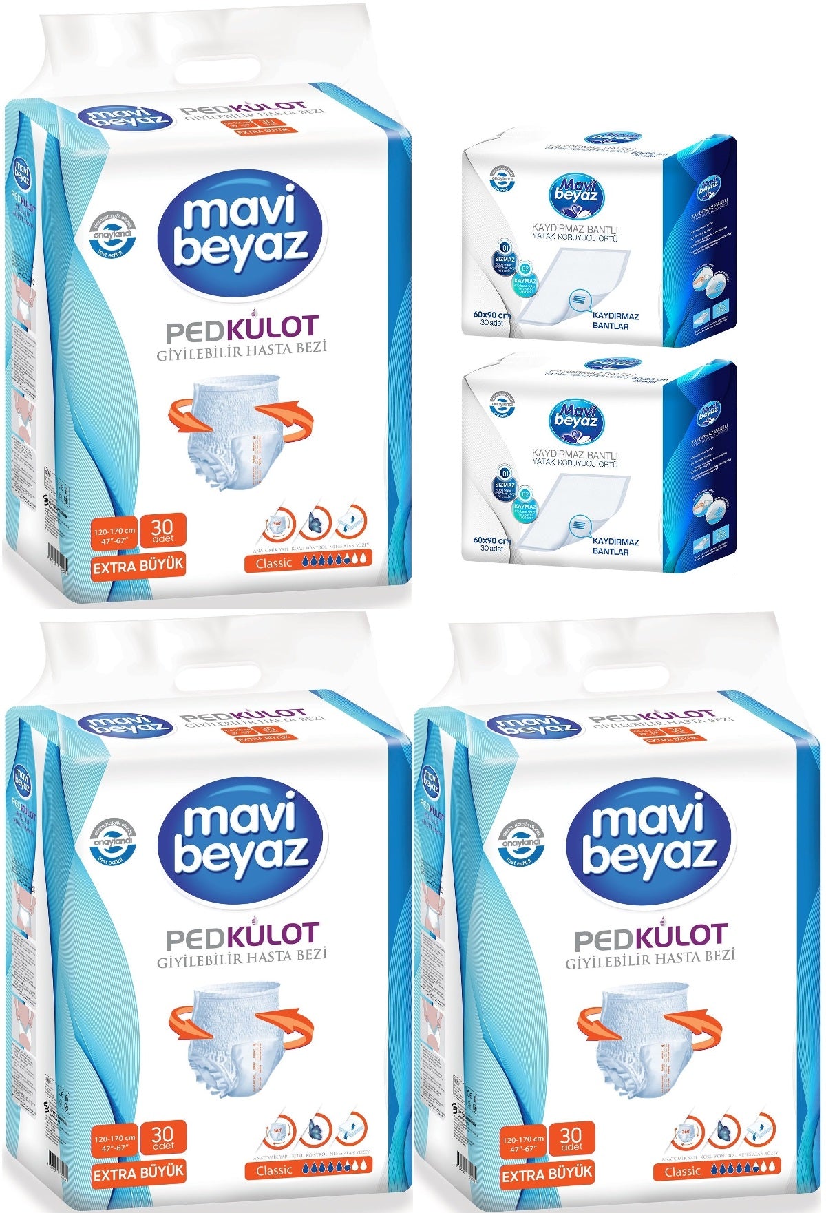 Mavi Beyaz Ped Emici Külot Yetişkin Bezi XL-Ekstra Büyük 90 Adet + Yatak Koruyucu Örtü 60*90CM 60 Adet