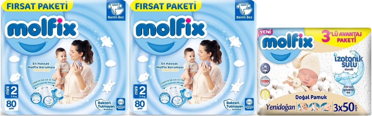 Molfix Bebek Bezi 2 Beden 3-6 KG Mini 160 Adet Ekonomik Fırsat Pk + 3 Adet Islak Mendil
