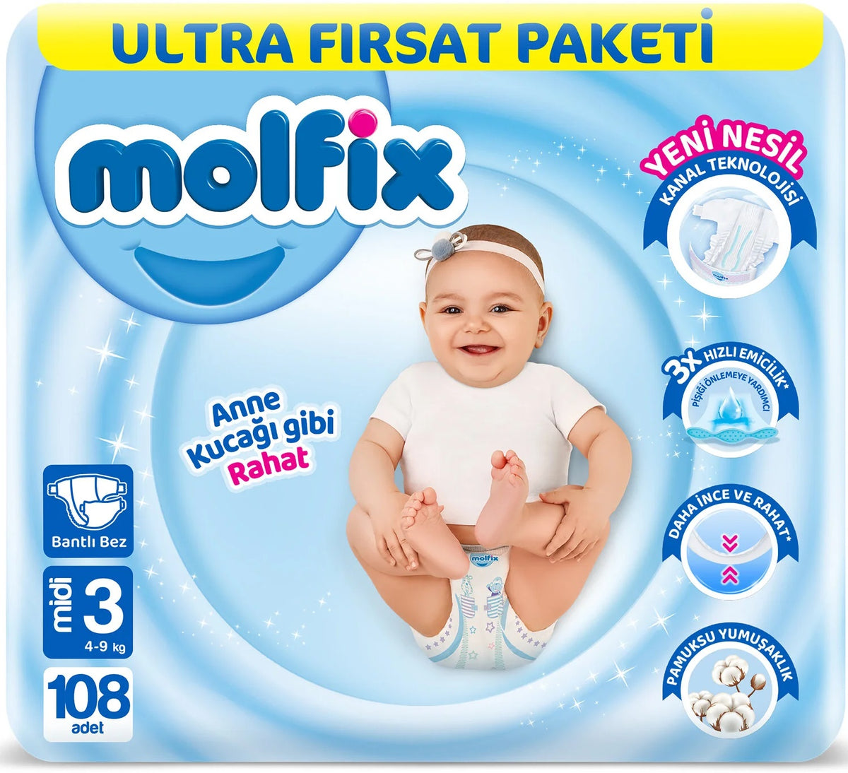Molfix Bebek Bezi 3 Beden 4-9 KG Midi 108 Adet Ultra Fırsat Pk