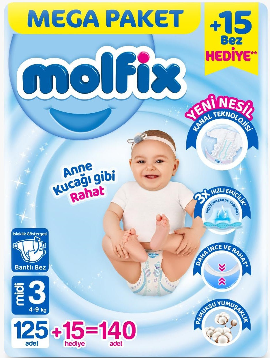 Molfix Bebek Bezi 3 Beden 4-9 KG Midi 140 Adet Pk Mega Pk