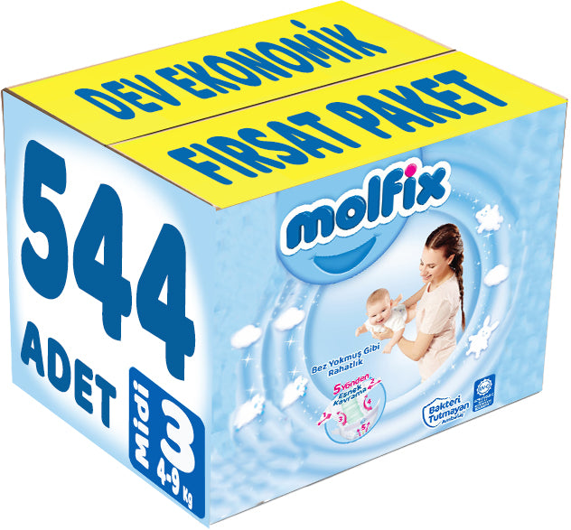 Molfix Bebek Bezi 3 Beden 4-9 KG Midi 544 Adet Dev Ekonomik Fırsat Pk