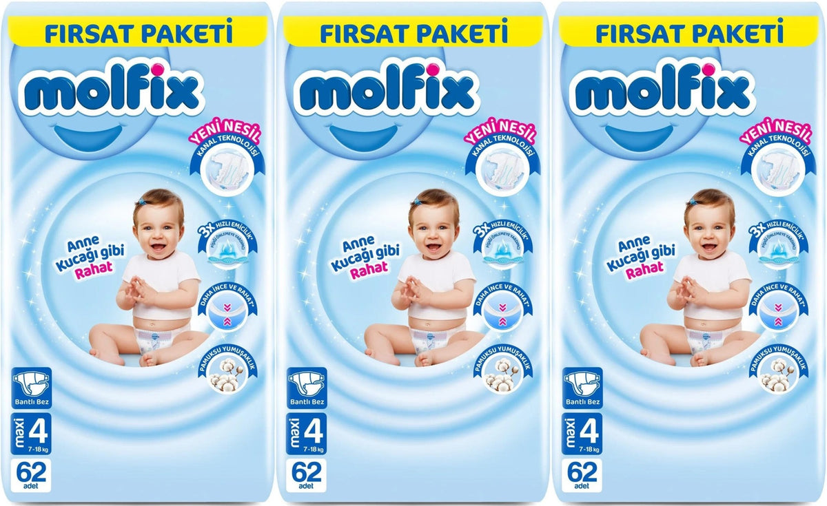 Molfix Bebek Bezi 4 Beden 7-14 KG Maxi 186 Adet Aylık Fırsat Pk