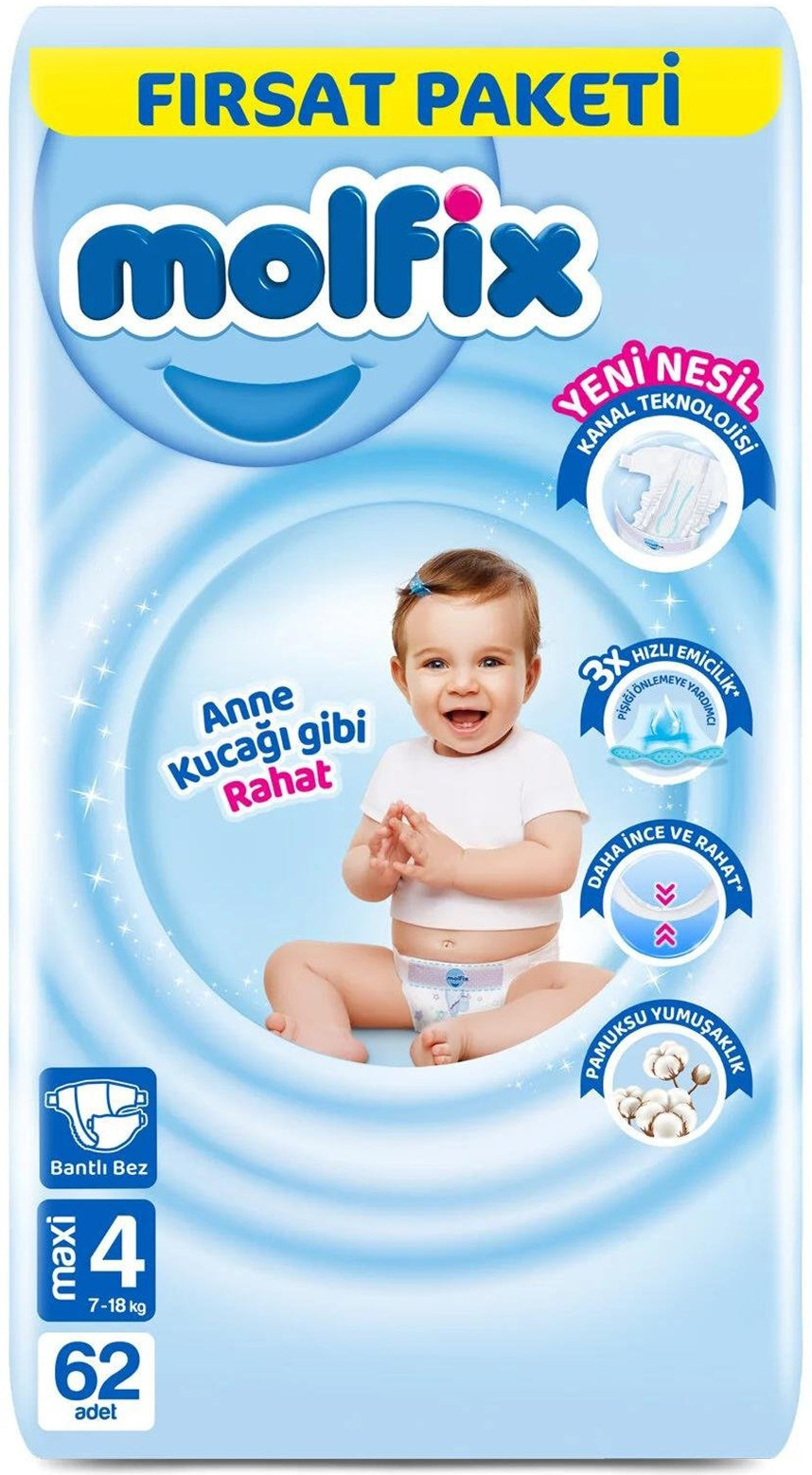 Molfix Bebek Bezi 4 Beden 7-14 KG Maxi 62 Adet Fırsat Pk