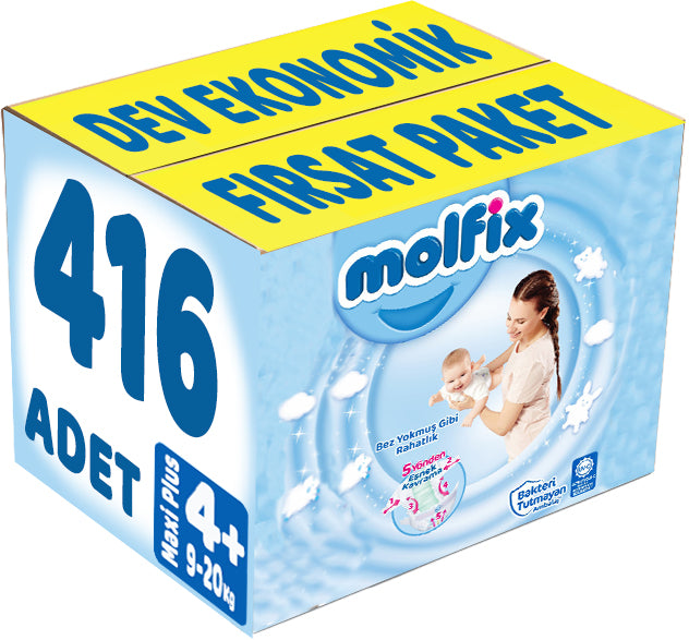 Molfix Bebek Bezi 4+ Beden 9-16 KG Maxi Plus 416 Adet Dev Ekonomik Fırsat Pk