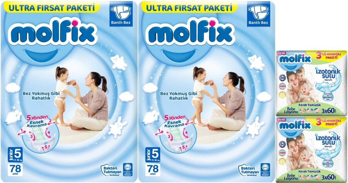 Molfix Bebek Bezi 5 Beden 11-18 KG Junior 156 Adet Ekonomik Ultra Fırsat Pk+6 Adet Islak Mendil