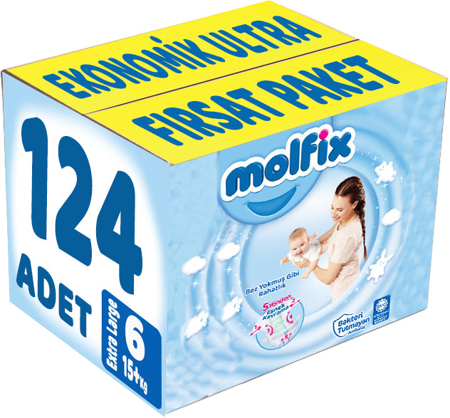 Molfix Bebek Bezi 6 Beden 15+ KG Extra Large 124 Adet Ekonomik Ultra Fırsat Pk
