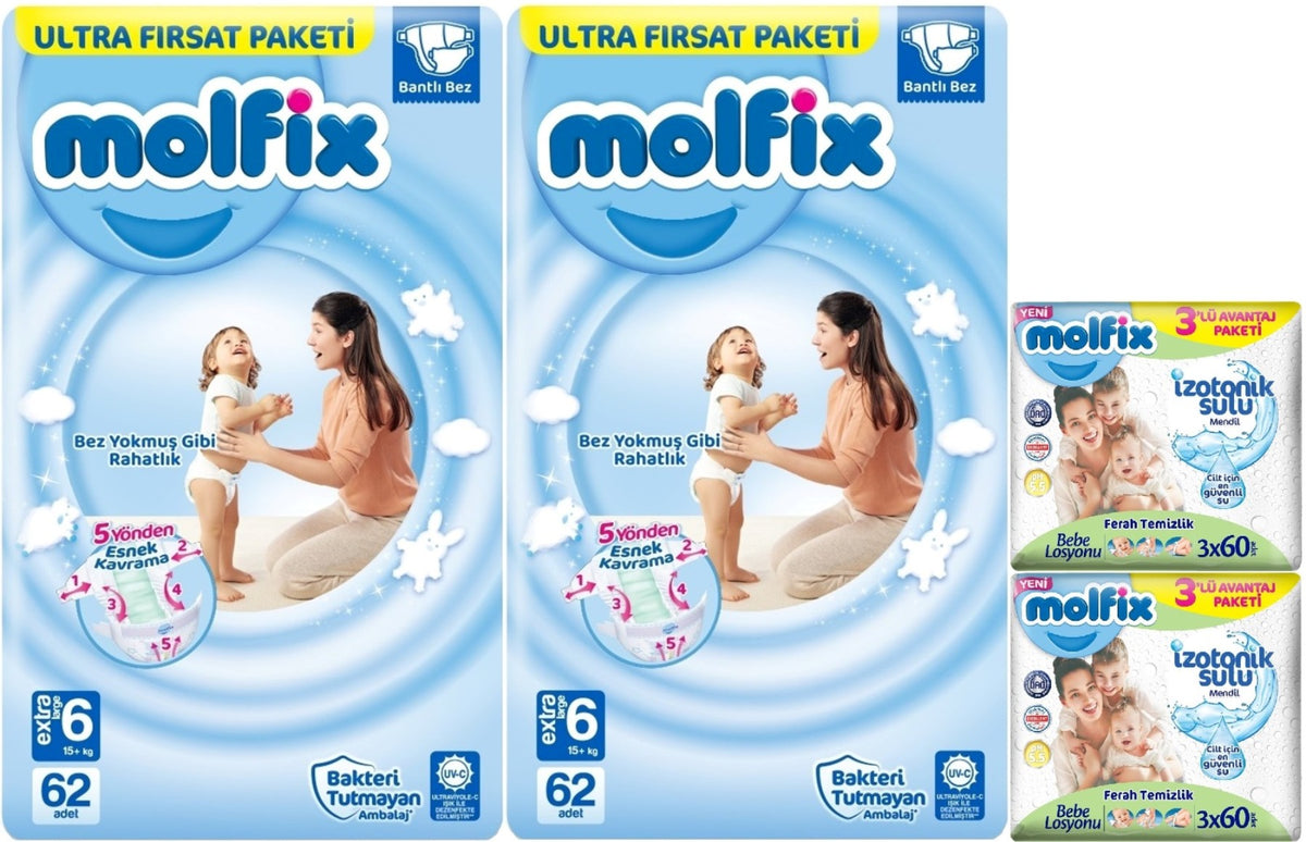Molfix Bebek Bezi 6 Beden 15+ KG Extra Large 124 Adet Ekonomik Ultra Fırsat Pk+6 Adet Islak Mendil