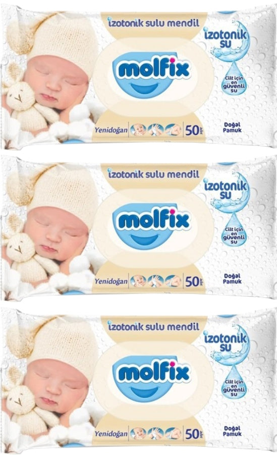 Molfix Islak Havlu Mendil İzotonik Yeni Doğan 3 Pk 50 Yaprak Pamuklu Plastik Kapaklı