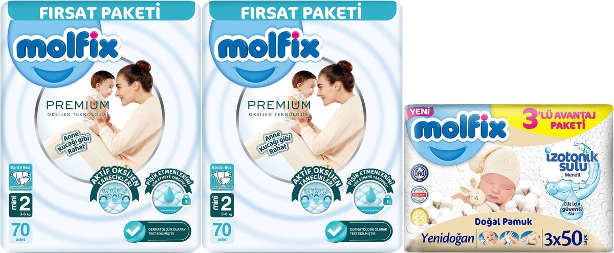 Molfix Premium Bebek Bezi 2 Beden 3-6 KG Mini 140 Ad Ekonomik Ultra Fırsat Pk+ 3 Adet Islak Mendil
