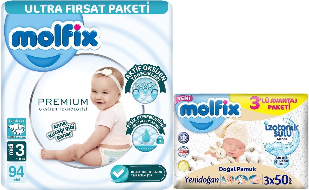 Molfix Premium Bebek Bezi 3 Beden 4-9 KG Midi 94 Adet Ultra Fırsat Pk + 3 Adet Islak Mendil