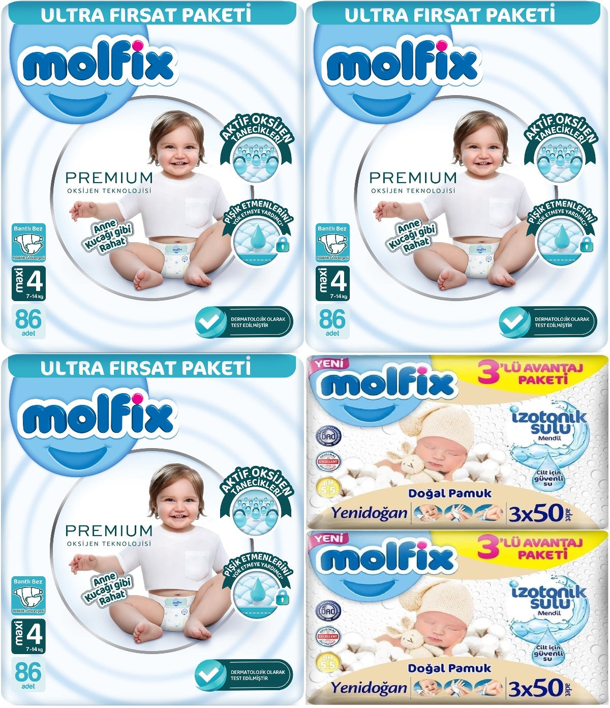Molfix Premium Bebek Bezi 4 Beden 7-14 KG Maxi 258 Adet Ultra Fırsat Pk + 6 Adet Islak Mendil