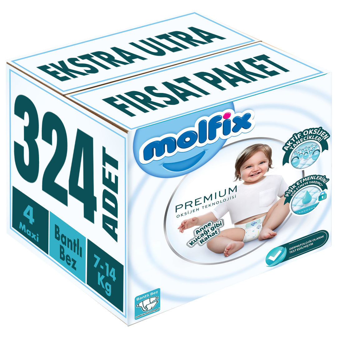 Molfix Premium Bebek Bezi 4 Beden 7-14 KG Maxi 324 Adet Ekstra Ultra Fırsat Pk