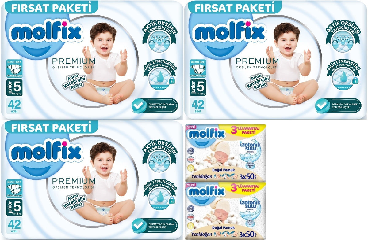 Molfix Premium Bebek Bezi 5 Beden 11-18 KG Junior 126 Adet Fırsat Pk + 6 Adet Islak Mendil