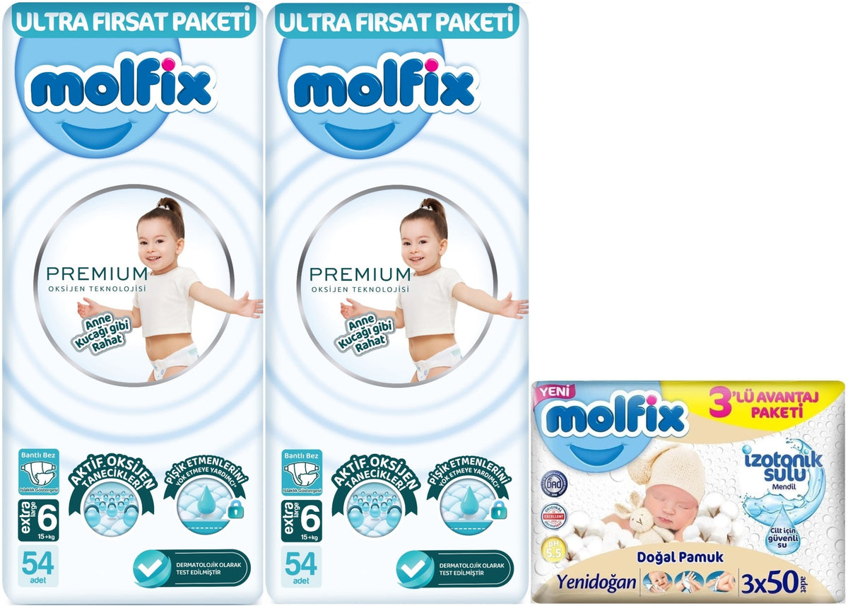 Molfix Premium Bebek Bezi 6 Beden 15+ KG Extra Large 108 Adet Ultra Fırsat Pk + 3 Adet Islak Mendil