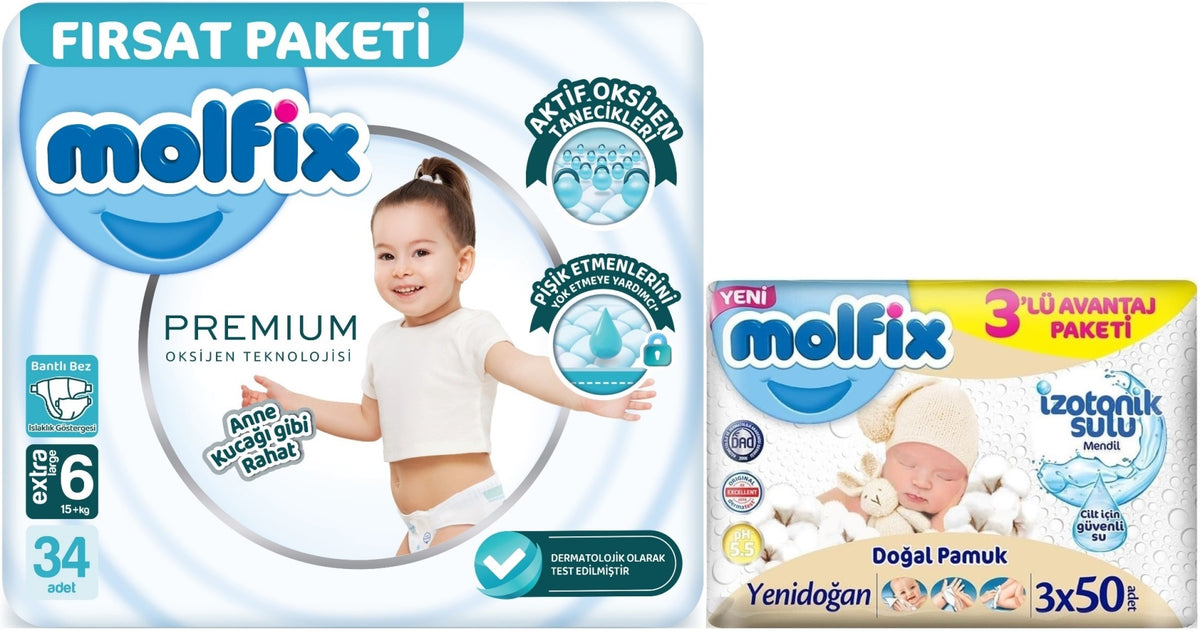 Molfix Premium Bebek Bezi 6 Beden 15+ KG Extra Large 34 Adet Fırsat Pk + 3 Adet Islak Mendil