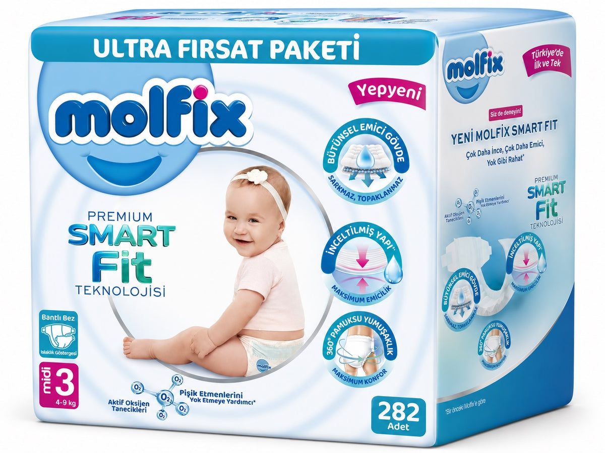 Molfix Premium Smart Fit Bebek Bezi 3 Beden 4-9 KG Midi 282 Adet Aylık Ultra Fırsat Pk