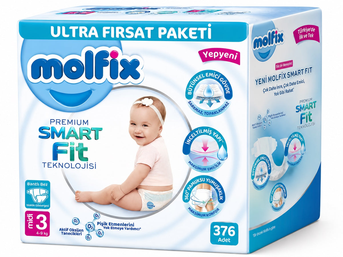 Molfix Premium Smart Fit Bebek Bezi 3 Beden 4-9 KG Midi 376 Adet Avantaj Ultra Fırsat Pk