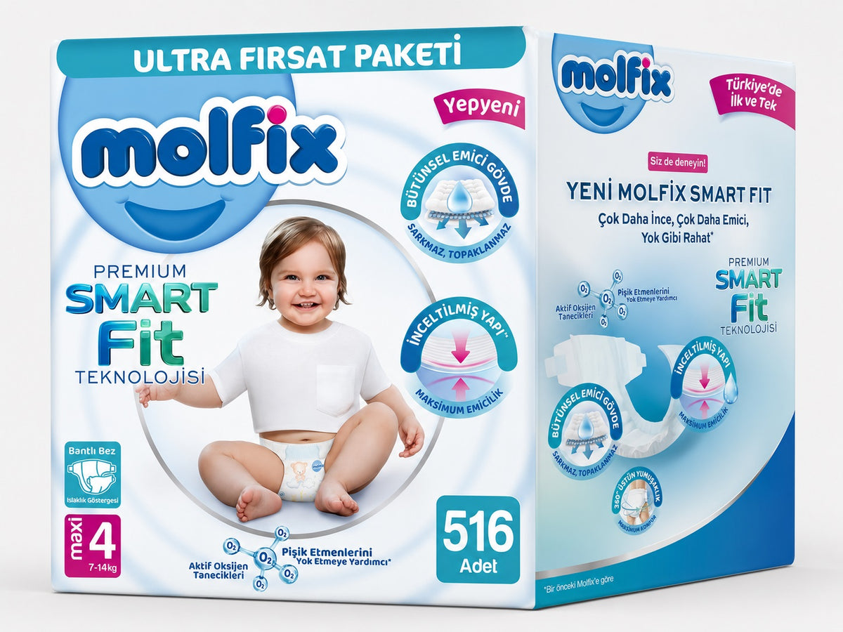 Molfix Premium Smart Fit Bebek Bezi 4 Beden 7-14 KG Maxi 516 Adet Ekstra Ultra Fırsat Pk