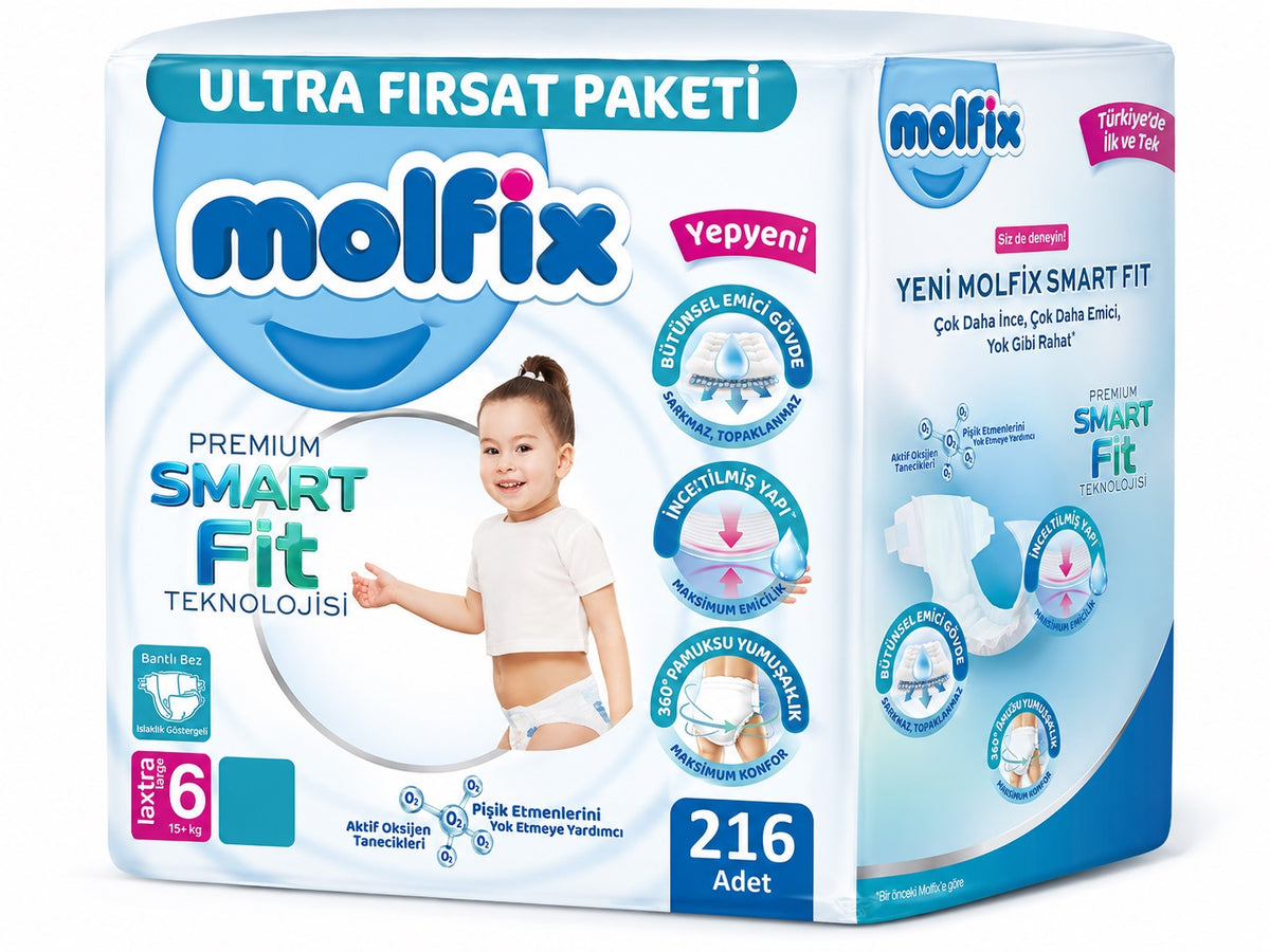 Molfix Premium Smart Fit Bebek Bezi 6 Beden 15+ KG Extra Large 216 Adet Avantaj Ultra Fırsat Pk