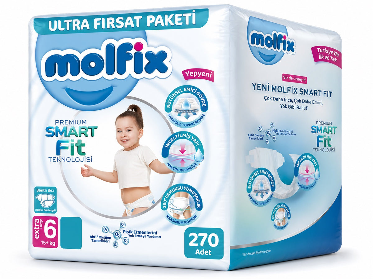 Molfix Premium Smart Fit Bebek Bezi 6 Beden 15+ KG Extra Large 270 Adet Mega Ultra Fırsat Pk