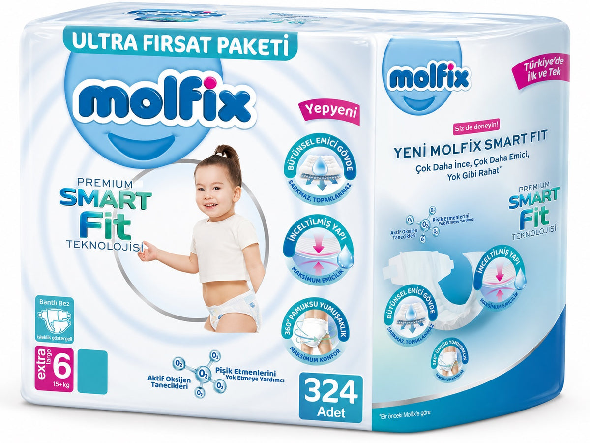 Molfix Premium Smart Fit Bebek Bezi 6 Beden 15+ KG Extra Large 324 Adet Ekstra Ultra Fırsat Pk
