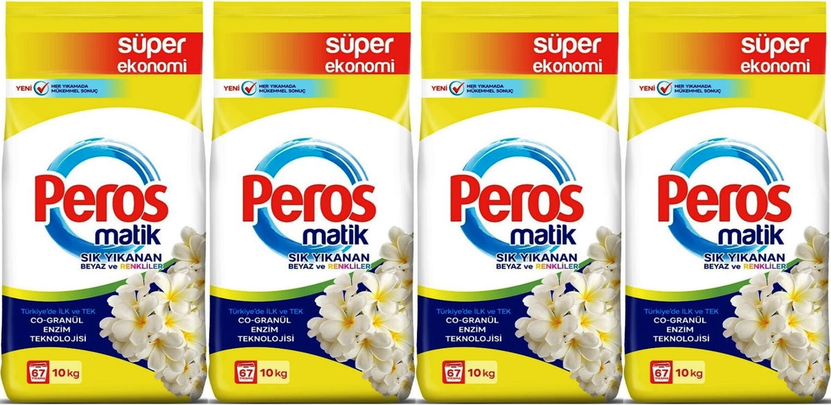 Peros Matik Toz Çamaşır Deterjanı 40KG Yasemin Çiçeği (Beyaz ve Renkliler) (268 Yıkama) (4PK*10KG)