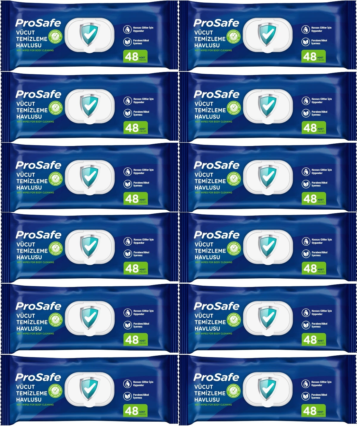 Prosafe Yetişkin Vücut Temizleme Islak Mendil Havlu 48 Yaprak XL (12 Li Set) Plastik Kapak