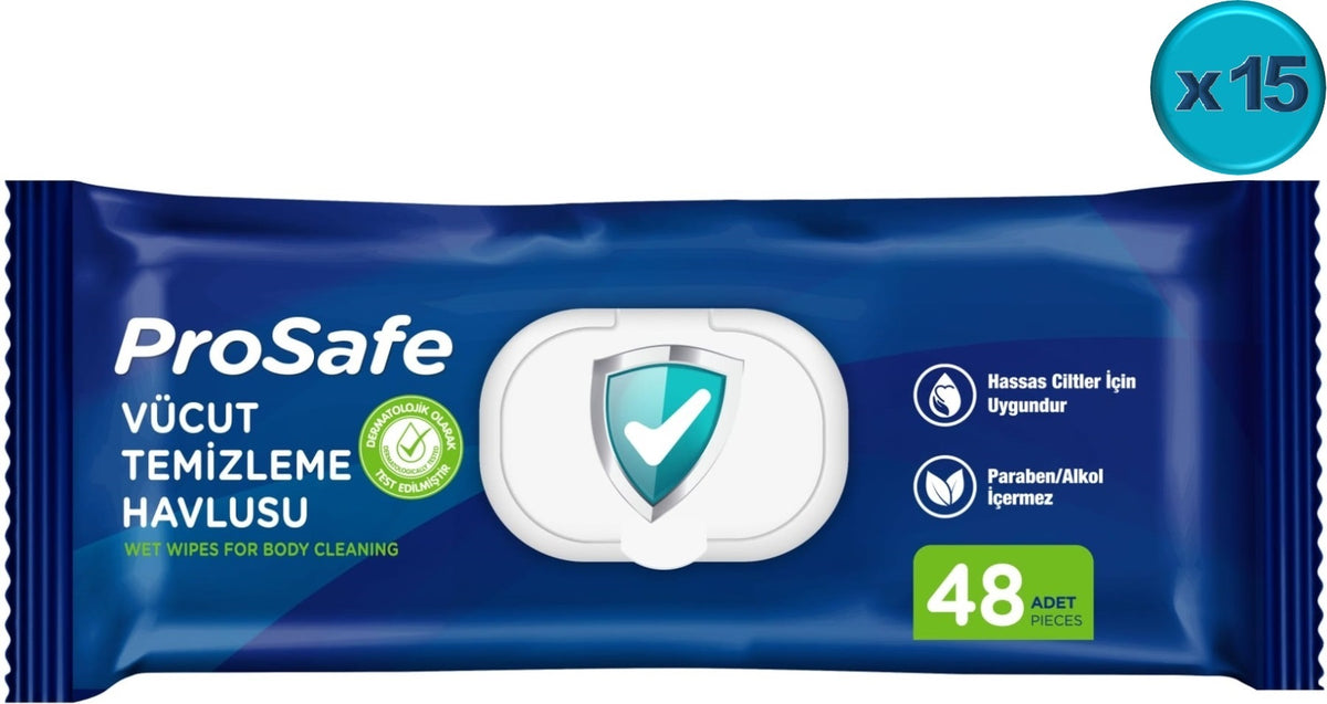 Prosafe Yetişkin Vücut Temizleme Islak Mendil Havlu 48 Yaprak XL (15 Li Set) Plastik Kapak