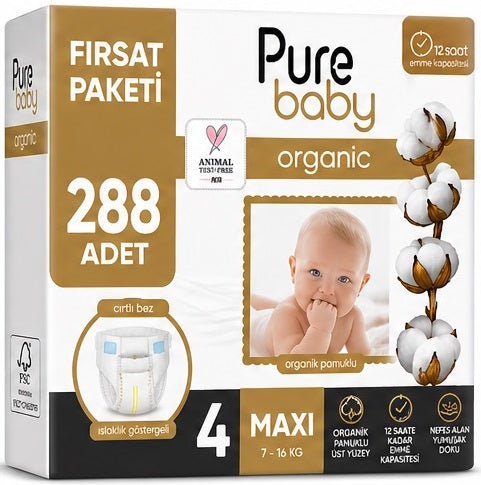 Pure Baby Organik Bebek Bezi 4 Beden 7-16 KG Maxi 288 Adet Ekstra Fırsat Pk
