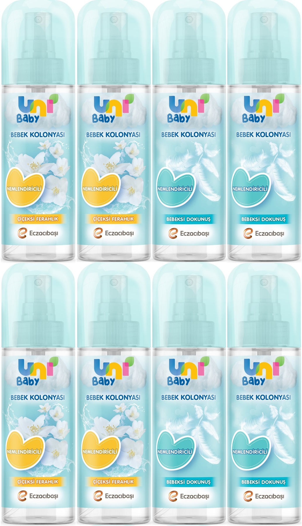 Uni Baby Bebek Kolonyası 150ML Karma Set Nemlendiricili (Bebeksi Dokunu/Çiçeksi Ferahlık) (8 Li Set)