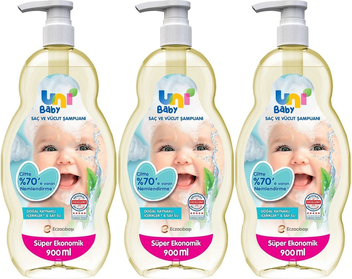 Uni Baby Bebek Saç ve Vücut Şampuanı 900ML Klasik (Pompalı) (3 Lü Set)