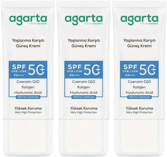 Agarta Yaşlanma Karşıtı Collagen Destekli Spf+50 Faktör Yüz Güneş Kremi 50 ML (3 Lü Set)