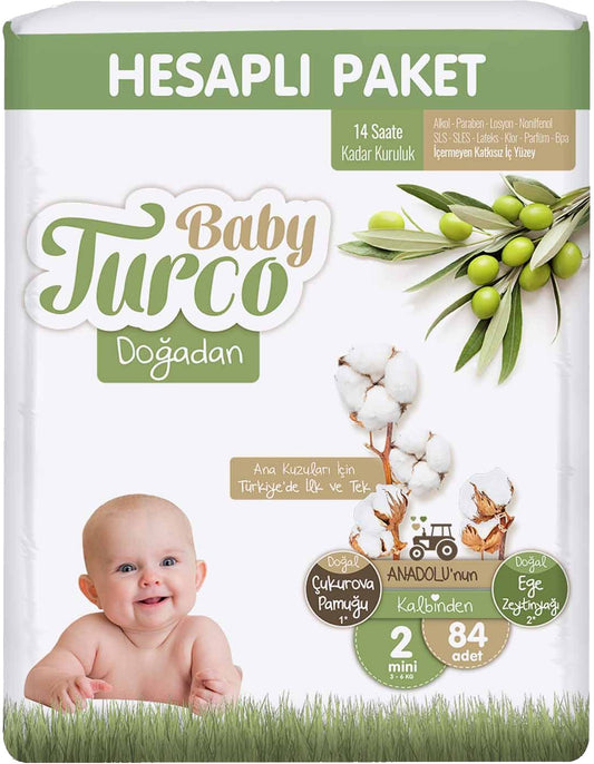 Baby Turco Bebek Bezi Doğadan 2 Beden 3-6 KG Mini 84 Adet Jumbo Ekonomik Pk