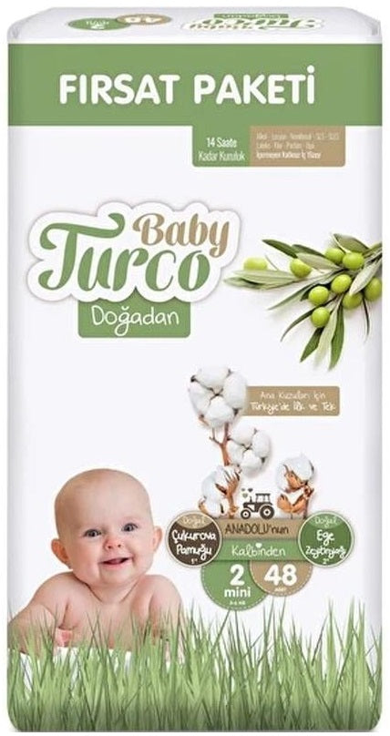 Baby Turco Bebek Bezi Doğadan 2 Beden 3-6 KG Mini Göbek Bağı Oyuntulu 48 Adet Fırsat Pk