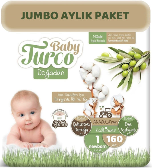 Baby Turco Bebek Bezi Doğadan Beden:1 (2-5Kg) Yeni Doğan 160 Adet Jumbo Aylık Pk
