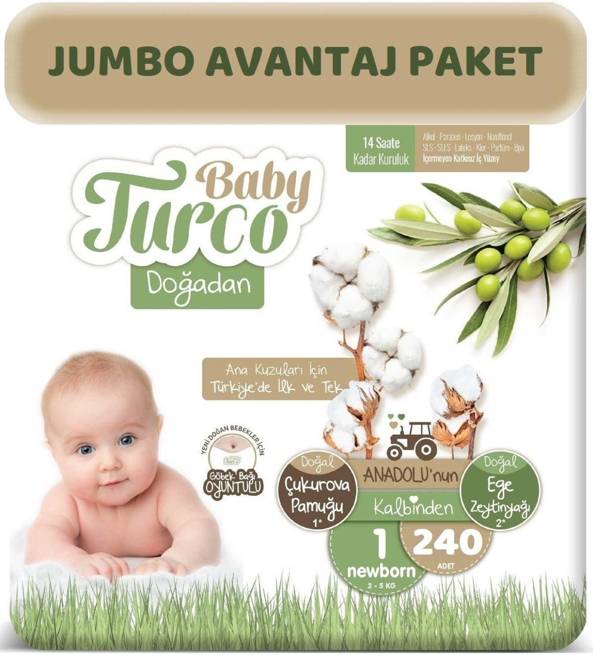 Baby Turco Bebek Bezi Doğadan Beden:1 (2-5Kg) Yeni Doğan 240 Adet Jumbo Avantaj Pk