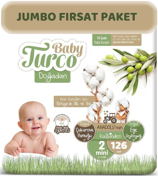 Baby Turco Bebek Bezi Doğadan 2 Beden 3-6 KG Mini 126 Adet Jumbo Fırsat Pk