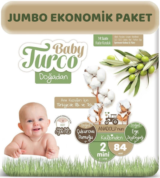 Baby Turco Bebek Bezi Doğadan 2 Beden 3-6 KG Mini 84 Adet Jumbo Ekonomik Pk