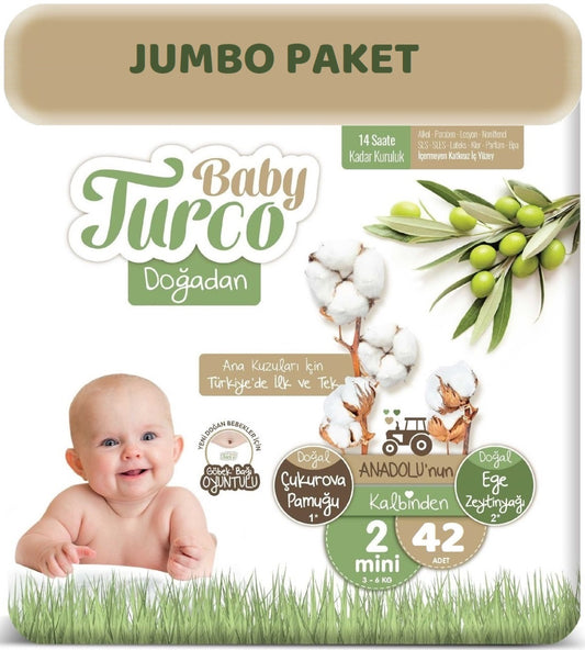 Baby Turco Bebek Bezi Doğadan 2 Beden 3-6 KG Mini Göbek Bağı Oyuntulu 42 Adet Jumbo Pk