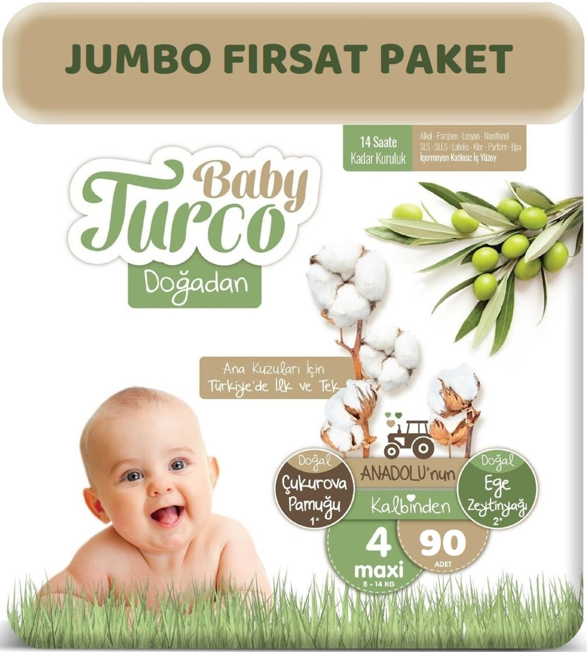 Baby Turco Bebek Bezi Doğadan Beden:4 (8-14Kg) Maxi 90 Adet Jumbo Fırsat Pk