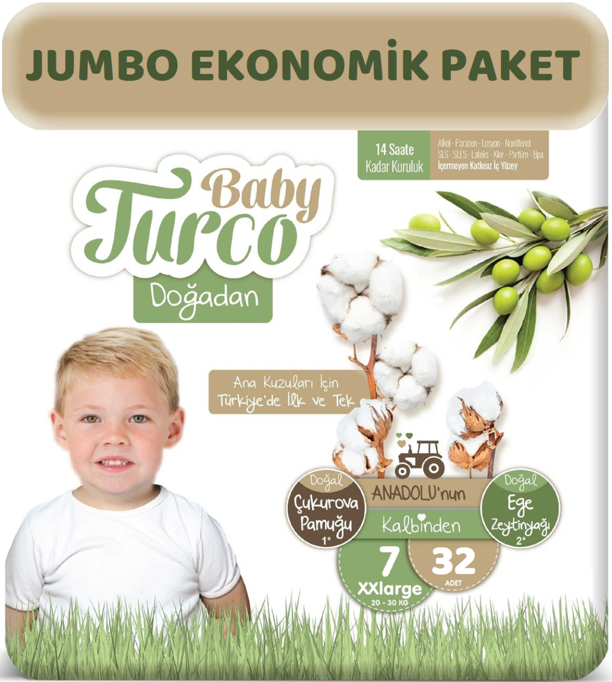 Baby Turco Bebek Bezi Doğadan Beden:7 (20-30Kg) XXLarge 32 Adet Jumbo Ekonomik Pk