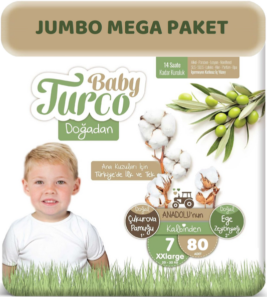 Baby Turco Bebek Bezi Doğadan Beden:7 (20-30Kg) XXLarge 80 Adet Jumbo Mega Pk
