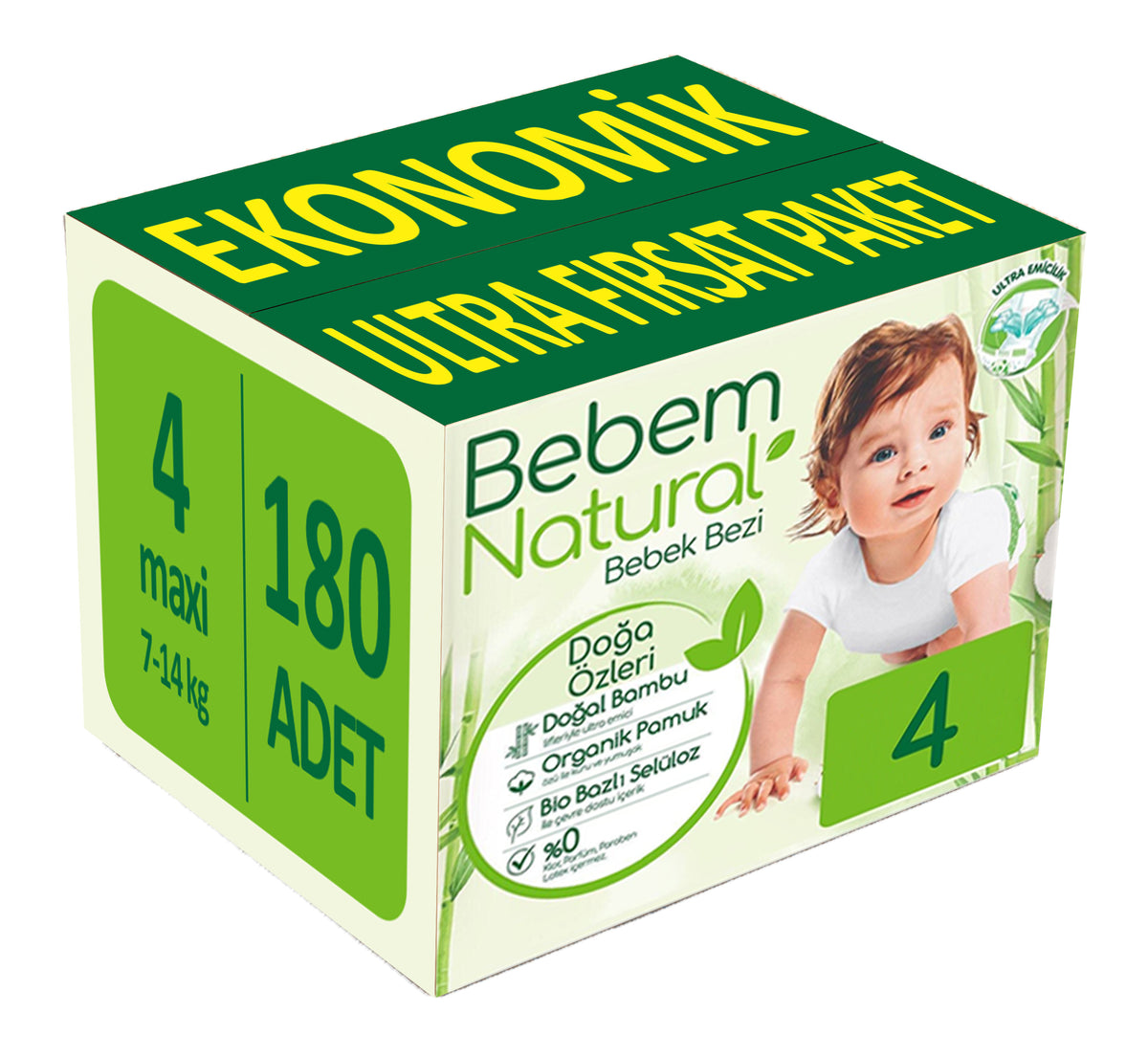 Bebem Bebek Bezi Natural 4 Beden 7-14 KG Maxi 208 Adet Ekonomik Ultra Fırsat Pk