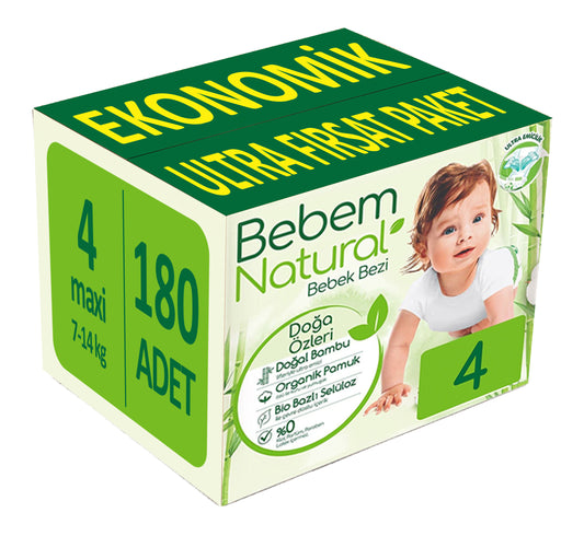 Bebem Bebek Bezi Natural 4 Beden 7-14 KG Maxi 208 Adet Ekonomik Ultra Fırsat Pk