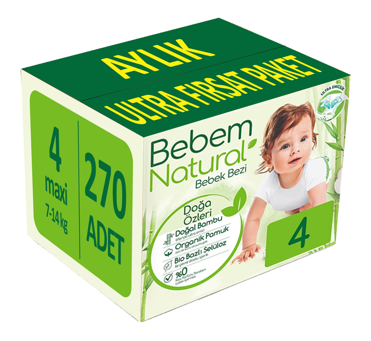 Bebem Bebek Bezi Natural 4 Beden 7-14 KG Maxi 312 Adet Aylık Ultra Fırsat Pk