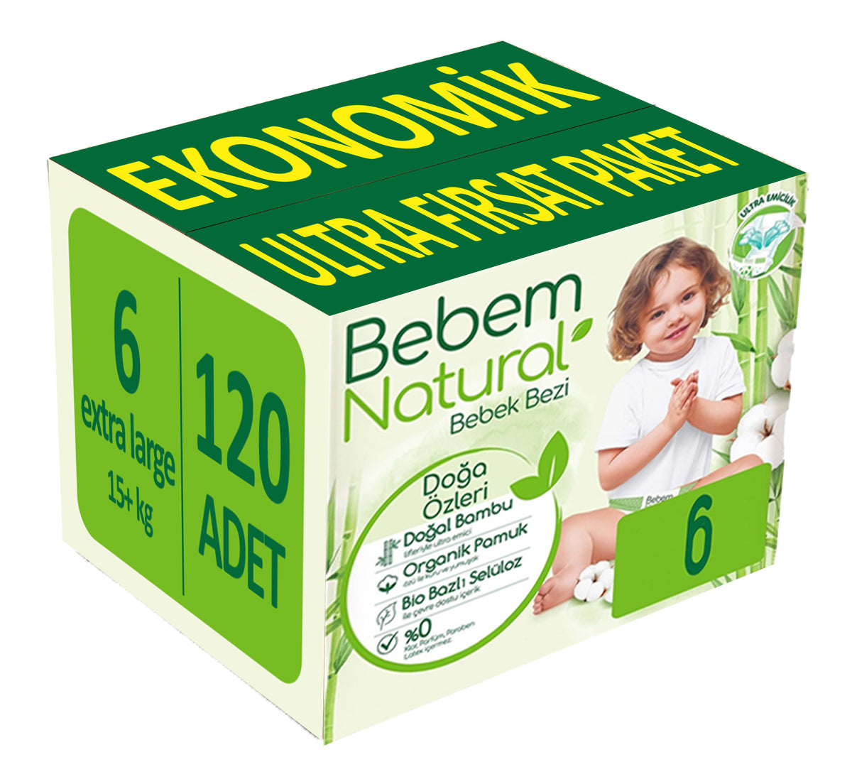 Bebem Bebek Bezi Natural 6 Beden 15+ KG Extra Large 128 Adet Ekonomik Ultra Fırsat Pk