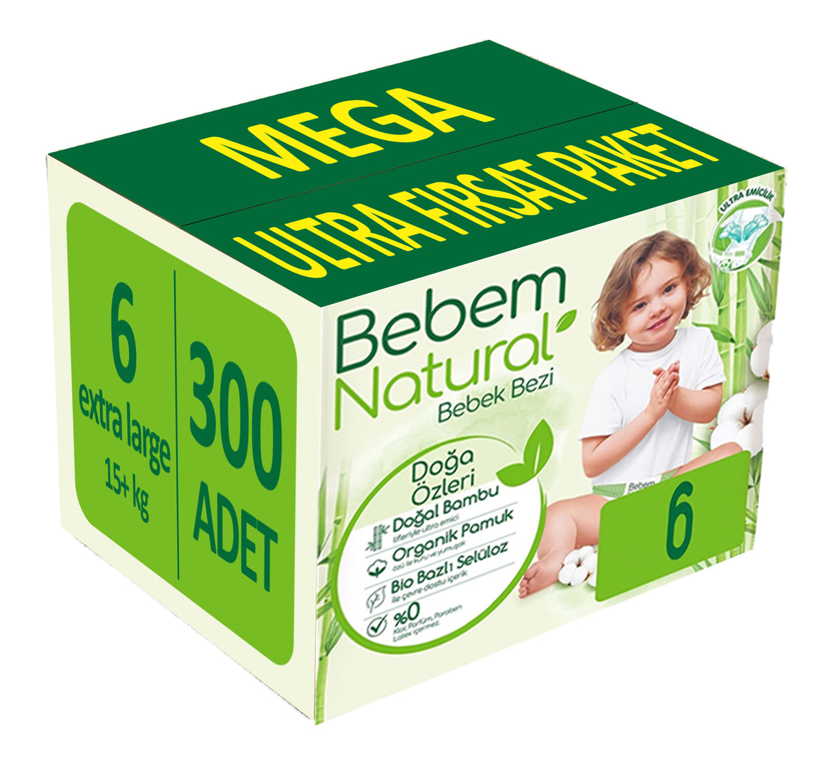 Bebem Bebek Bezi Natural 6 Beden 15+ KG Extra Large 320 Adet MeGa Ultra Fırsat Pk