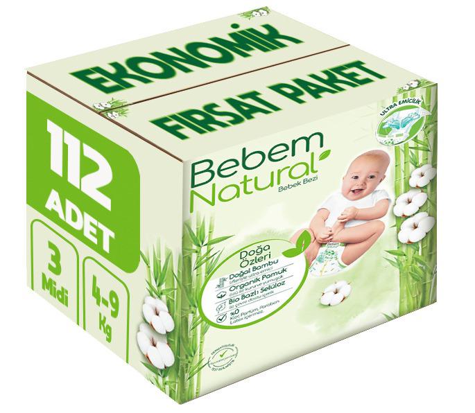 Bebem Bebek Bezi Natural 3 Beden 4-9 KG Midi 112 Adet Ekonomik Fırsat Pk