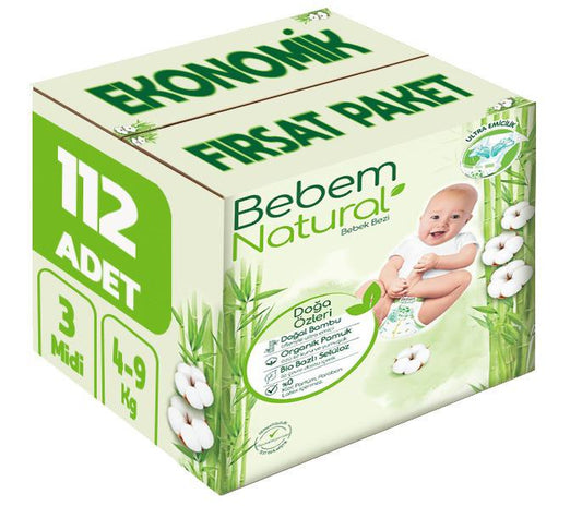 Bebem Bebek Bezi Natural 3 Beden 4-9 KG Midi 112 Adet Ekonomik Fırsat Pk