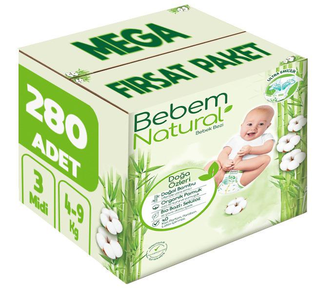 Bebem Bebek Bezi Natural 3 Beden 4-9 KG Midi 280 Adet MeGa Fırsat Pk
